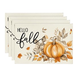 Artoid Mode Hello Fall Pumpkin Leaves Placemats Set of 4, 12x18 Inch Thanksgiving Vintage Table Mats for Dining Party Decoration