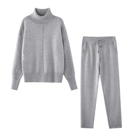 TAOVK Woolen Women Knitted Turtleneck Long Sleeve Sweaters Suits 2 Piece Outfits Sweaters Set (M, Light Gray)