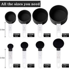 Measuring Cups & Spoons Set of 8 Pieces, Stackable Stainless Steel Handle Measurement Utensils Cups for Cooking & Baking, Kitchen Gadgets for Measuring Dry and Liquid Ingredient (Black)