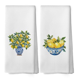 XPH Chinoiserie Kitchen Dish Towels Set of 2, Lemon Tree Fruit Summer Decor Accessories for Kitchen Home, Vintage Blue and White Porcelain Hand Towels Kitchen Tea Towels Decorations, 16x24inch