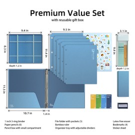 Blue Lake ECOLIFE School Offiice Supplies Kit Bundle Plastic Free 22 Piece 3-Ring Binder, Folders, Pencils, Pencil Box Organizer Tray, Gifts for K-12, College Students, and Office
