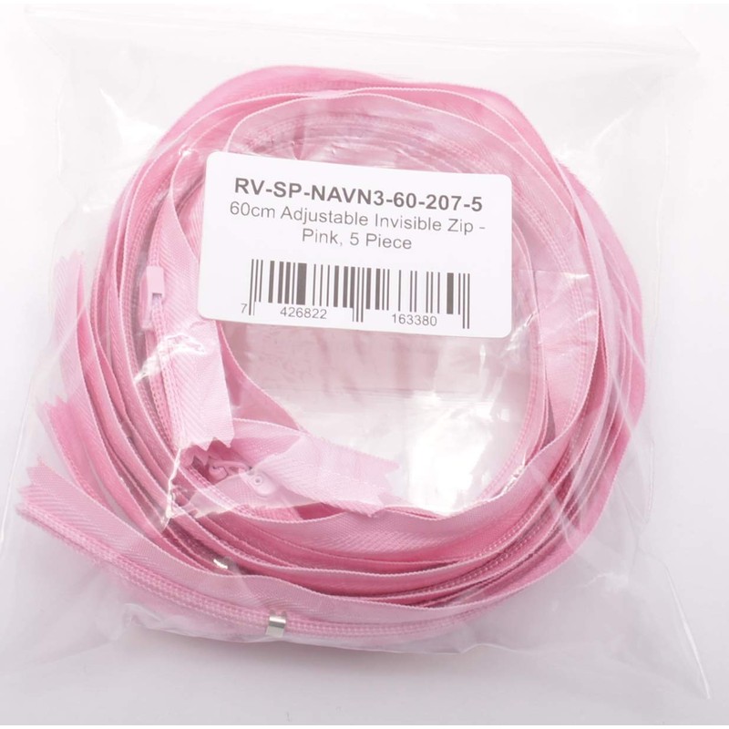 60cm Adjustable Length Invisible Zip - Pink, 5 Pieces