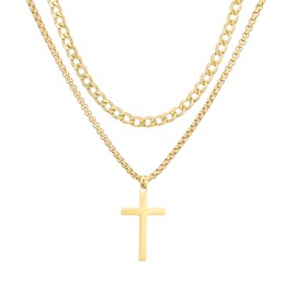 AFSTALR Cross Chain Men's Cross Chain Stainless Steel Layered Cross Chain Cuban Chain with Cross Box Chain Necklace, Cross Jewellery Gifts Gold/Silver/Black for Men 18/20/22/24 Inches, Stainless Steel