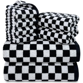 Black and White Towels Set of 8, Cute Checkered Towels for Bathroom Decor, 2 Bath, 2 Hand, 4 Washcloths, Cotton