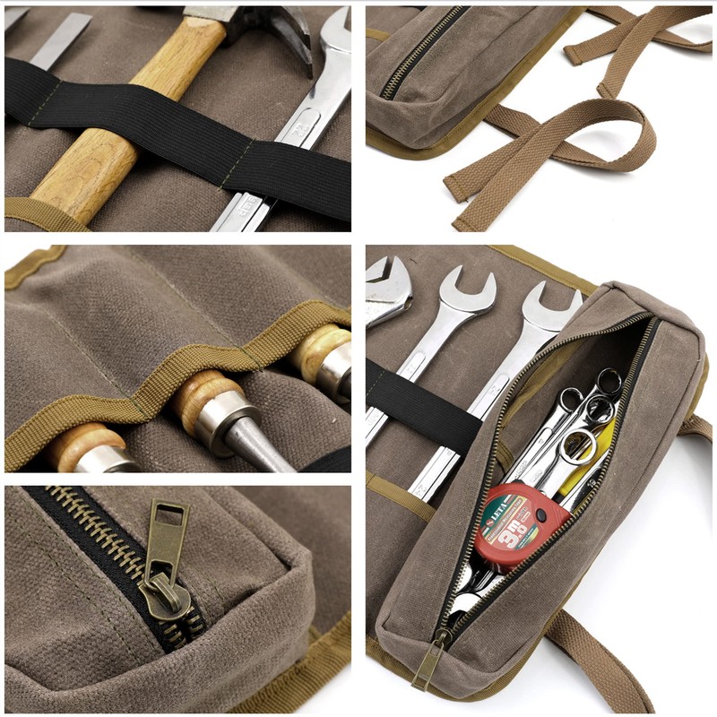 10 Pockets Tool Roll Bag, Robust 16 oz Waxed Cotton