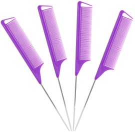Rat Tail Comb，Parting Comb, Metal Long Steel Pin Rat Tail Combs set，Combs for Hair Stylist，Hair Combs for Women（4Packs,Purple）
