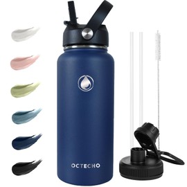 OcTecho Metal Water Bottle with Straw, 950ml Stainless Steel Water Bottle 2 Leakproof Lids, BPA Free Double Walled Vacuum Insulated Water Bottles Thermal for 12h Hot & 24h Cold,for Man,Woman-Navy