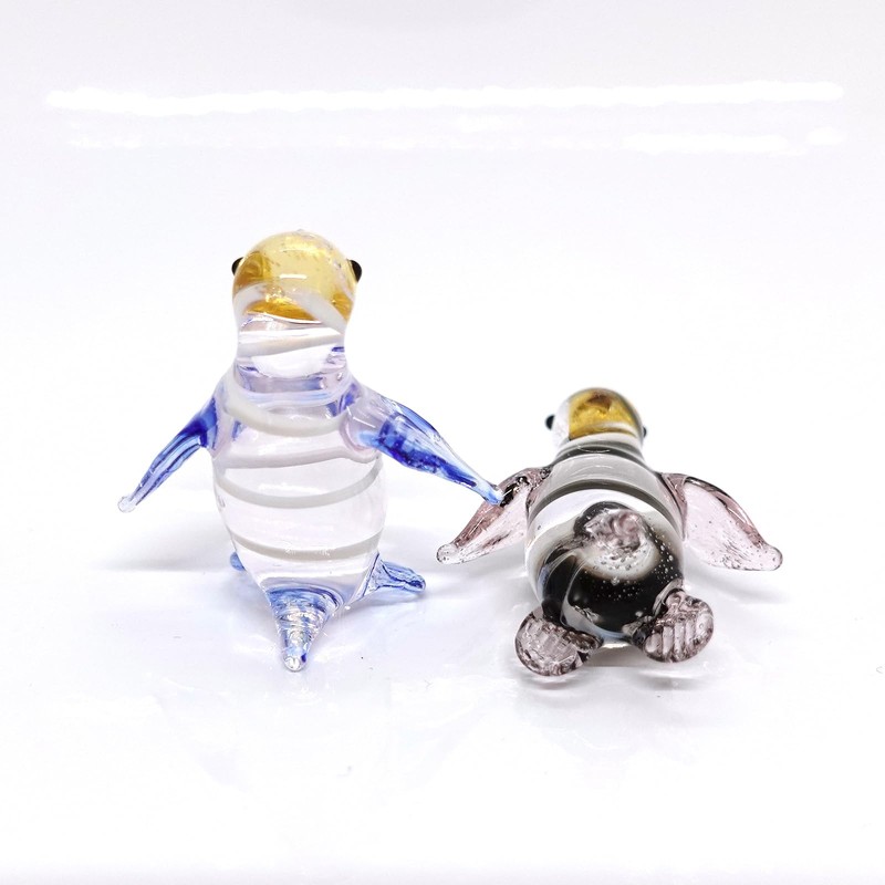 Sansukjai 2 Penguins Miniature Figurines Animals Hand Blown Glass Art