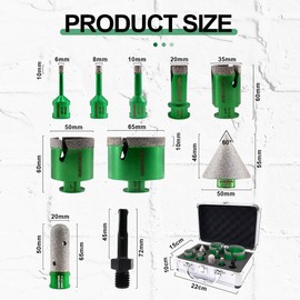 KURSTOL Tile Hole Saw Kit - 7pcs Diamond Core Drill Bits 6/8/10/20/35/50/65mm+4/5" Milling Finger Bit+2" Beveling Chamfer Bit+SDS Shank to 5/8"-11 Thread for Porcelain Ceramic Marble Granite