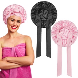 2PCS Silk Bonnet for Curly Hair, Satin Hair Bonnet for Curly Hair - Pink and Black, Adjustable Night Bonnet, Protects Natural Hair from Frizz, Soft & Breathable Sleep Cap