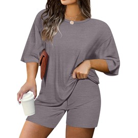 TIYOMI Plus Size 2 Piece Outfits Ribbed Knit Matching Biker Tracksuits For Women Short Sleeve Round Neck 3X Jumpsuit Sweatsuit Top & Pants Pajama Sets Clothing Home Outdoor Sport Grey 3XL