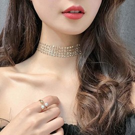 TseenYi Shiny Wide Cubic Zirconia Choker Lace Adjustable Boho Clavicle Chain Necklace Jewelry for Women and Girls (Gold)