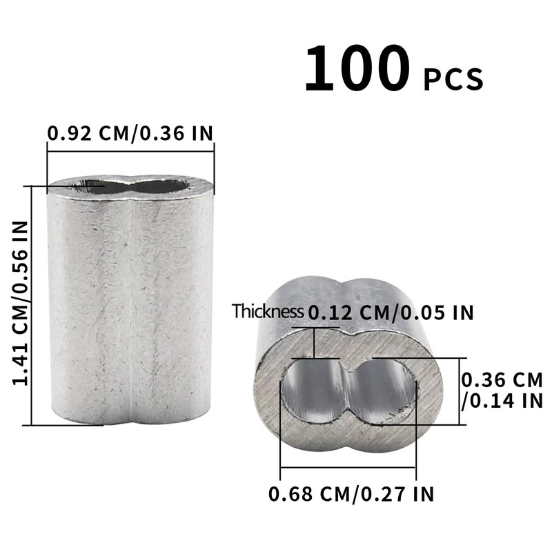 Snokay 100 Pcs Aluminum Crimping Loop Sleeves, Silver Double Ferrule