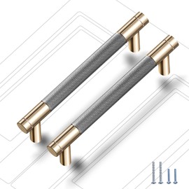 Guoharda 2 Pack 5 Inch 128 mm Knurled Cabinet Handles Cabinet Pulls Aluminum Handles Knurled Drawer Pulls Gold and Grey Oxidation Finish with Diamond Pattern 6" Length (5" Hole Center)