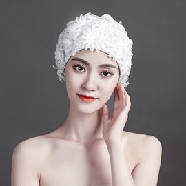 Swimming Cap with Flowers Hair Protection High Stretch Breathable Non-slip Swim Hat Floral and Pearl Decoration Swim Cap for Women