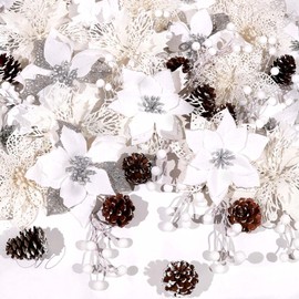 56 Pcs 4 Styles Poinsettias Artificial Christmas Flowers,Glitter Berries Stems Ornaments Tree with Pine Cones & Stems for Xmas Wedding DIY Wreath Floral Party Holiday Home Decorations (White)