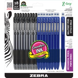 Zebra Pen Z-Grip Retractable Ballpoint Pens, Black Barrell and Z-Grip Mechanical Pencils, Blue Barrel, Medium Point, 1.0mm, Black Ink, 18-Pack (24218)