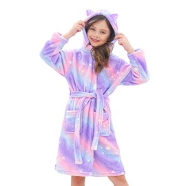 Doctor Unicorn Girls Leopard Cat Robe Kids Fleece Warm Hooded Bathrobe Violet Pink Cat - 7-9 Years