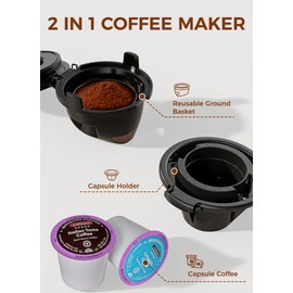 COWSAR Single Serve Coffee Maker, Coffee Brewer for Capsule and Ground Coffee, Capsule Coffee Machine with 40 Oz Water Tank, Instant-Heat, 5 Brew Sizes Up To 14 Oz, Ideal for Home/Office, Black