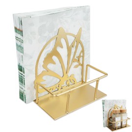 Napkin Holder for Table, Butterfly Metal Napkin Dispenser with Salt and Pepper Shakers Caddy, Standing Paper Napkin Storage for Kitchen Decor Home Table, Not Including Salt and Pepper Shakers(Gold)