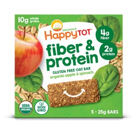 HAPPYTOT Organics Fiber & Protein Soft-Baked Oat Bars Toddler Snack Apple & Spinach, 0.88 Ounce Bars, 5 Count Box (Pack of 6)