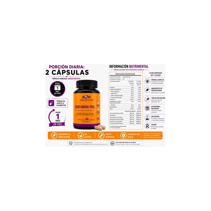 Suplemento A4h Resveratrol Curcumina Antioxidante Caps