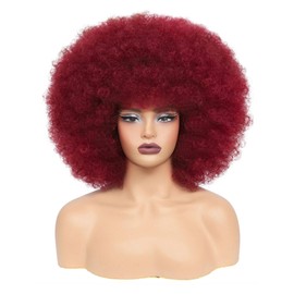 DZfirst Afro Wig 70s Afro Kinky Curly Wigs for Black Women Natural Looking Bouncy Huge Fluffy Puff Wig Synthetic Hair for Daily Cosplay and Party (Burgundy)