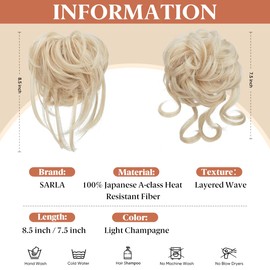 SARLA 2PCS Messy Bun Hair Pieces for Women Wavy Curly Synthetic Hairpieces for Updos with Tendrils Fake Scrunchies Ponytail Extension Light Champagne