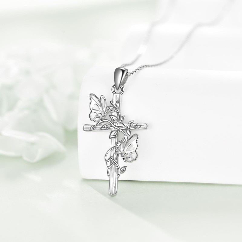 JERWLI Butterfly Cross Necklace 925 Sterling Silver Butterfly Cross Pendant