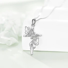 JERWLI Butterfly Cross Necklace 925 Sterling Silver Butterfly Cross Pendant Jewelry Gifts For Women