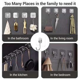 Large Adhesive Hooks, 48-Pack Hold 44lb(Max) Heavy Duty Sticky Hooks, Waterproof Rustproof Hooks for Hanging, Self-Adhesive Traceless Clear Wall Hooks to Use for Kitchen Bathroom Ceiling Office