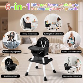 6 in 1 Baby High Chair for Babies and Toddlers, Booster Seat, Kids Learning Table & Chair (Black)