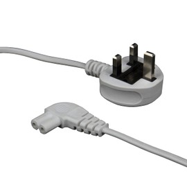 White 10m Mains Power Cable/Lead by electrosmart® ~ 3 Pin Moulded UK Plug to Right Angled IEC C7 Figure 8
