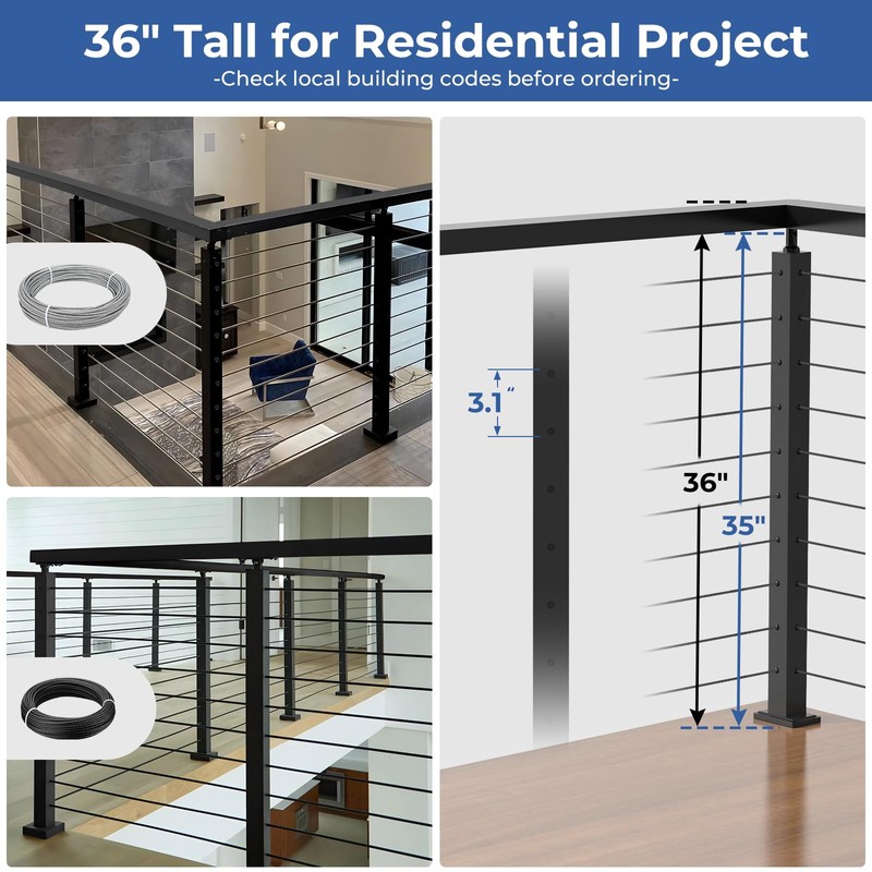 Gyykzz T-drilled Corner Cable Railing Post 36" (Post 35"x2"x2"), Three