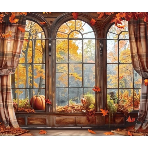 DASHAN 10x8ft Fall Window Photo Backdrop - Maple Leaves Autumn
