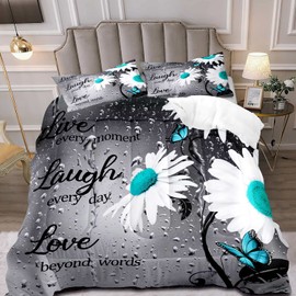 LUVIVIHOME 3PCS White Daisy Comforter Set Queen Size, Grey Raindrops Turquoise Teal Butterfly Floral Bedding, Flower Bedroom Decor, Live Laugh Love Inspirational Gifts for Women, 2 Pillow Shams