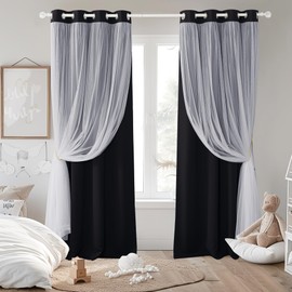 PONY DANCE Black Blackout Curtains for Living Bedroom with White Sheer Overlay Light Blocking Drapes for Kids Room Darkening with Tiebacks, cortinas para sala modernas (52x84 inches, Black, 2 Pieces)