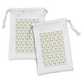 Ambesonne Lemons Fabric Pouch Set of 2, Summer Style Fresh Citrus Olives Leaves and Lemon Blossoms Arrangement, Small Drawstring Bag for Toiletries Masks and Favors, 9" x 6", Green Mustard and Khaki