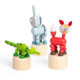 Bigjigs Toys Animal Push Ups (Elephant, Croc, Fox) - 3pcs Wooden Animals, Retro Pocket Money Gifts For Girls & Boys, Kids Party Bag Fillers, Age 3 Years Old +