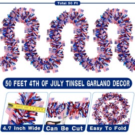50 Feet Patriotic Tinsel Garland 4th of July Decorations, Red White and Blue Tinsel Metallic Glitter Garlands with Flags for Fourth July Independence Day Memorial Day Outdoor Indoor Decor