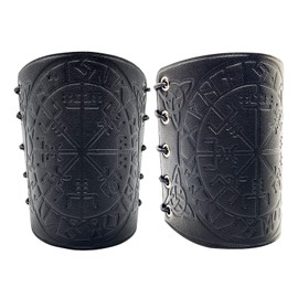 Leather Bracers,Viking Vegvisir Embossed Arm Bracers Leather Armor Cuff Gauntlet Wristband Viking Costume for LARP Archery (Black)