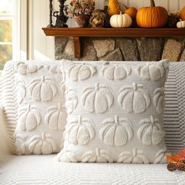 4TH Emotion Fall Pumpkin Decorative Pillow Covers 18x18 Set of 2, Beige Soft Plush Faux Fur Farmhouse Throw Cushion Cases for Autumn Thanksgiving Holiday Home Decorations