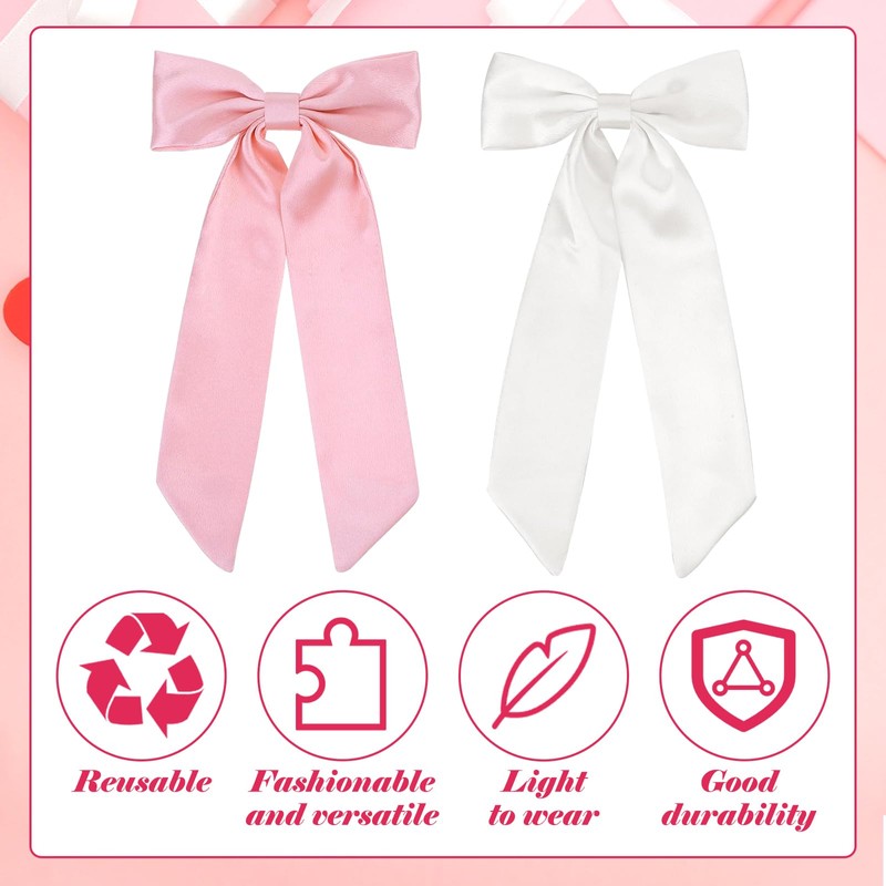 Pink & White Hair Bows - Long Tail Ponytail Clips