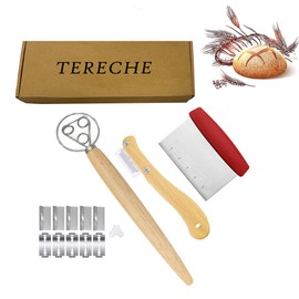 Tereche Bread Making Tools and Supplies - Set of 3 - Danish Dough Whisk and Bench Scraper - Dough Hook with Bread Scraper - Great for Baking Homemade Sourdough, Pizza (red)