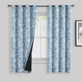 FMFUNCTEX 100% Blackout Floral Curtains for Bedroom, Blue Curtains 63 inch Length Blossom Flower Patterned for Living Room, Thermal Insulated Farmhouse Drapes, Grommet Top 2 Panels (White on Blue)