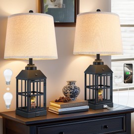25" Farmhouse Table Lamps for Living Room, Black Lamps Set of 2 with USB Port and Nightlight, Rustic Table Lamp for Bedroom, Bedside Lamp for Nightstand, End Table, Home, Office, LED Bulbs Included