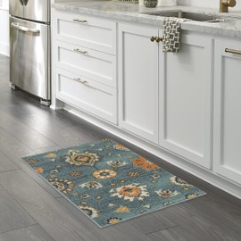 Maples Rugs Fleur Contemporary Motif Kitchen Rugs Non Skid Accent Area Carpet [Made in USA], Blue/Multi, 1'8" x 2'10"
