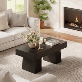LITTLE TREE Farmhouse Coffee Table, 47 Inches Wooden Rectangular Accent Center Tables with Thick Base, Modern Low Cocktail Tea Furniture for Living Room (Black)