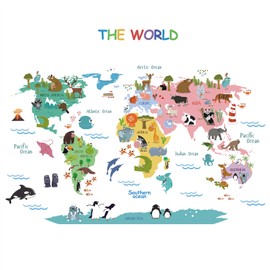 ANHUIB Animal World Map Wall Stickers Educational World Map Wall Decal for Kid Removable Animal Art Murals Sticker for Kids Colorful Peel and Stick Decal for Children Nursery Playroom Classroom Decor