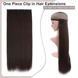 Hairro 26 inch 3/4 Full Head Clip in on Synthetic Hair Extensions for Women One Piece Clip in Hair Weft with 5 Clips Half Head Straight Hairpiece for Natural Daily Use 120g Dark Brown